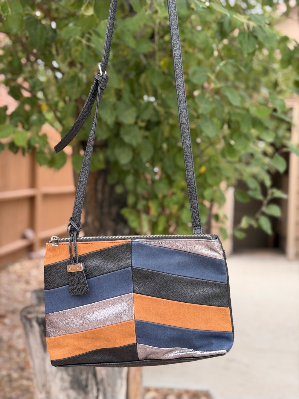 Steve Madden Chevron Patchwork Crossbody Bag in Black, Blue, Orange, Silver